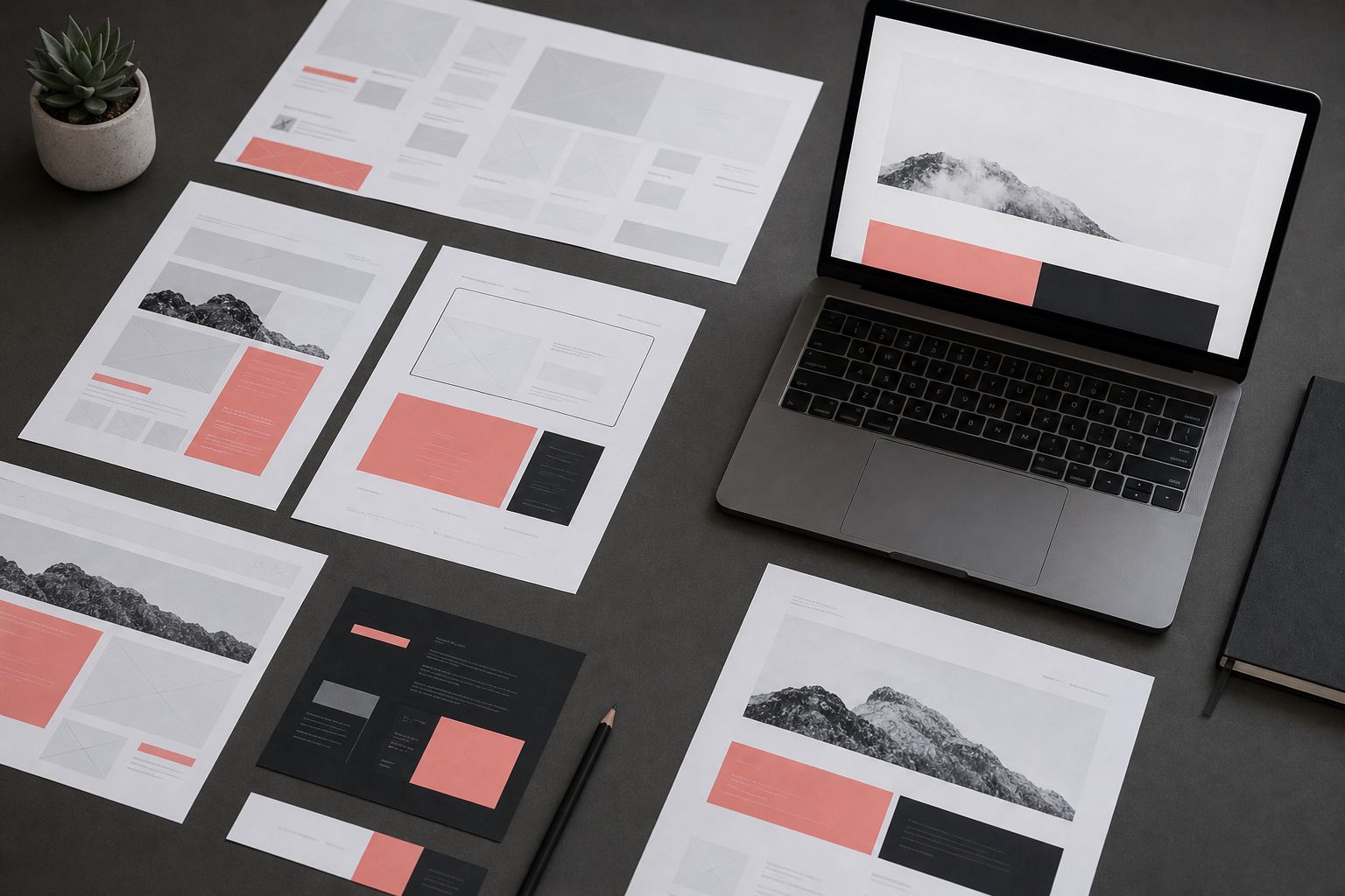 Espace de travail avec écrans affichant des mesures de performance web et des maquettes de site